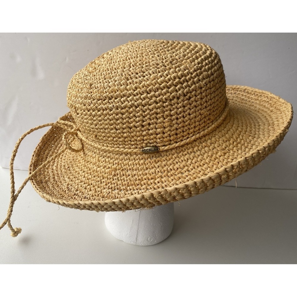Scala Collection Straw Hat One Size Natural with Braided Tie Resort Packable